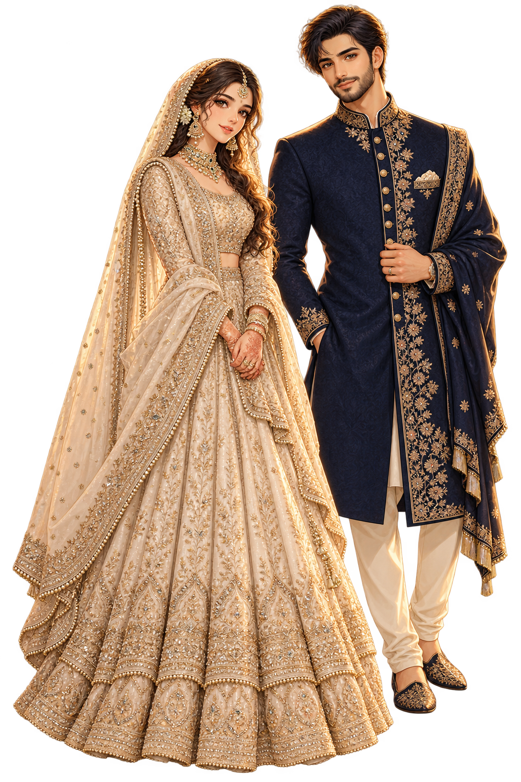 Illustration of a bride and groom in wedding attire